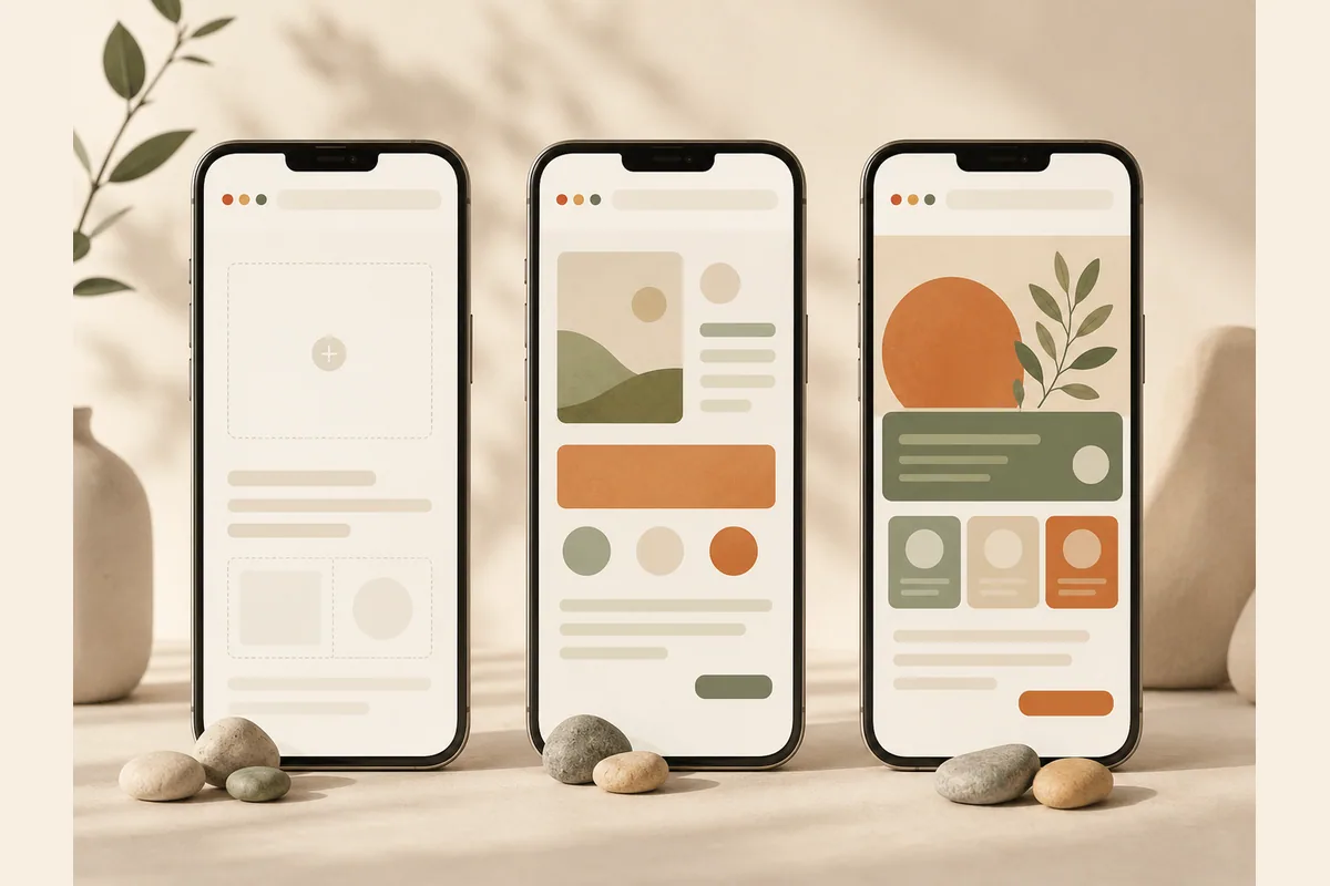 Tiga smartphone berjajar dengan mockup website di tahap berbeda, mewakili pilihan cara membangun website langsung dari HP.