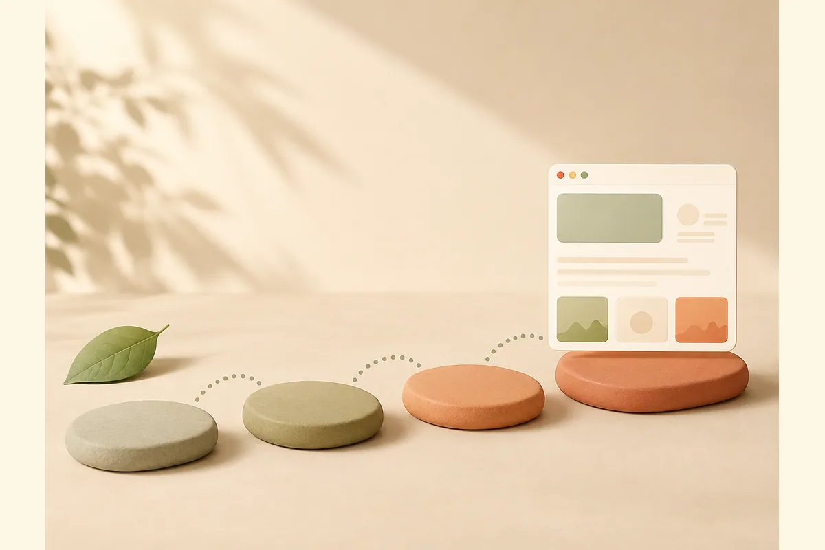 Deretan empat batu pijakan terhubung jalur putus-putus menuju kartu browser yang sudah jadi, menggambarkan langkah demi langkah membuat landing page.