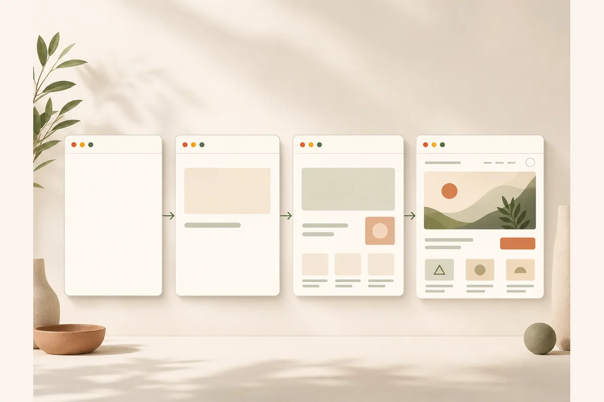 Empat mockup browser berjajar dari kosong sampai terisi penuh, menunjukkan tahapan membuat undangan digital website.