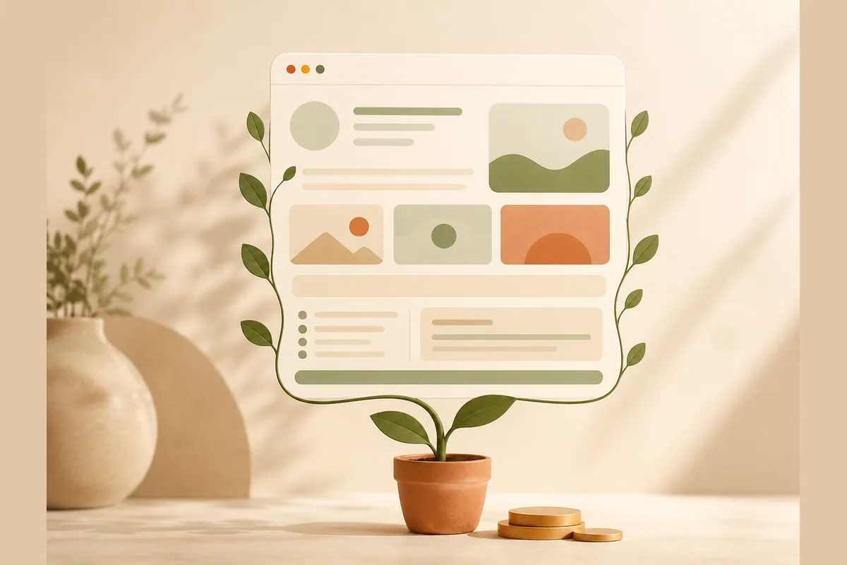 Jendela browser tumbuh dari tunas kecil di pot dengan tumpukan koin yang hampir rata, menggambarkan membuat website desa nyaris gratis pakai AI.