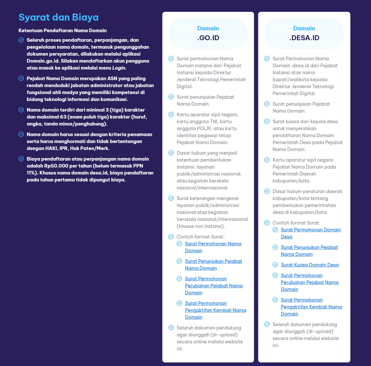 Domain.go.id requirements and fees page listing documents for .go.id and .desa.id and a fee of Rp50,000 per year with the first year free for desa.id