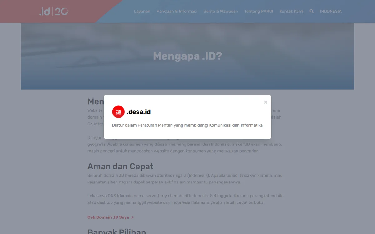 PANDI website with a pop-up for the .desa.id extension stating it is governed by a regulation of the minister in charge of communications and informatics