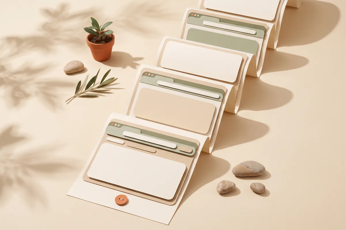 A single long paper page unrolling vertically on a desk like a scroll, with stacked blank sections and one terracotta button at the end