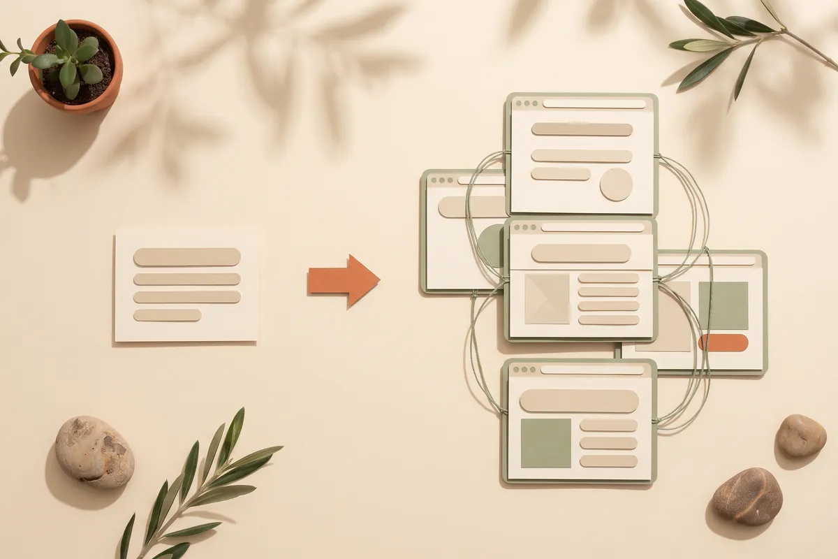 One small single paper page on the left, a terracotta arrow in the middle, and a cluster of connected paper browser pages joined by thin sage threads on the right