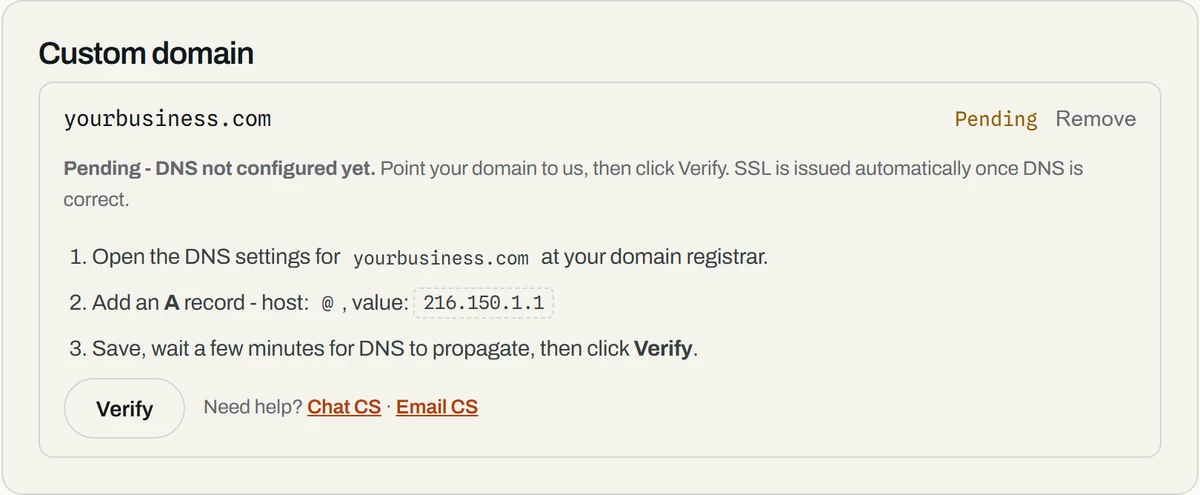 Forgelo Custom domain panel in Pending state listing three DNS steps with an A record, host @, and a Verify button