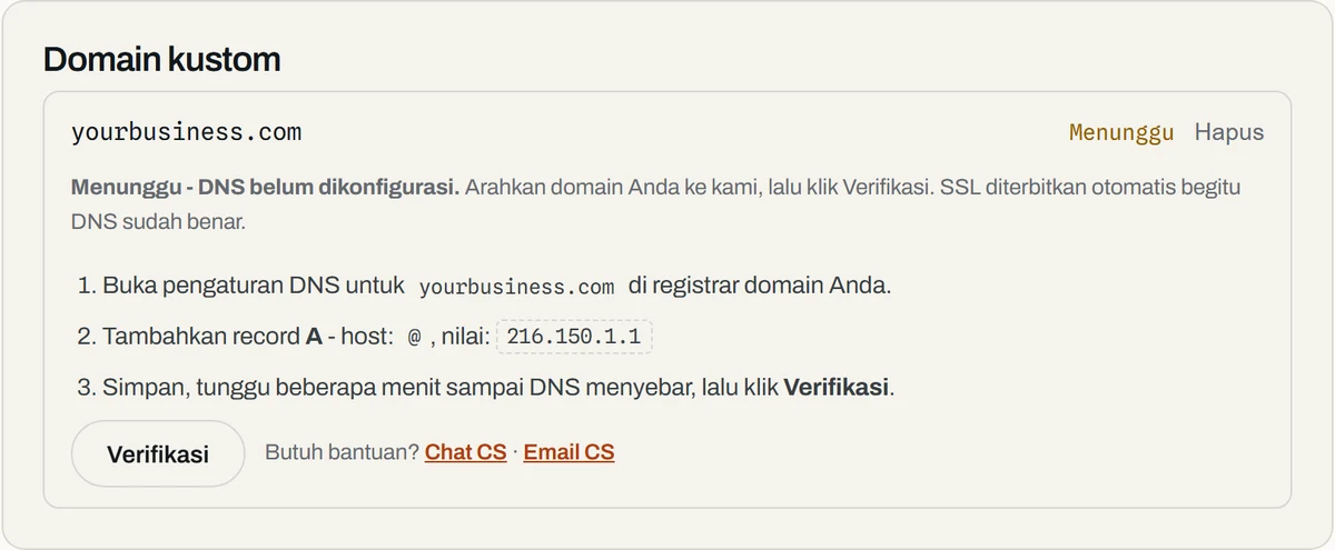 Panel Domain kustom Forgelo berstatus Menunggu dengan tiga langkah DNS, record A, host @, dan tombol Verifikasi