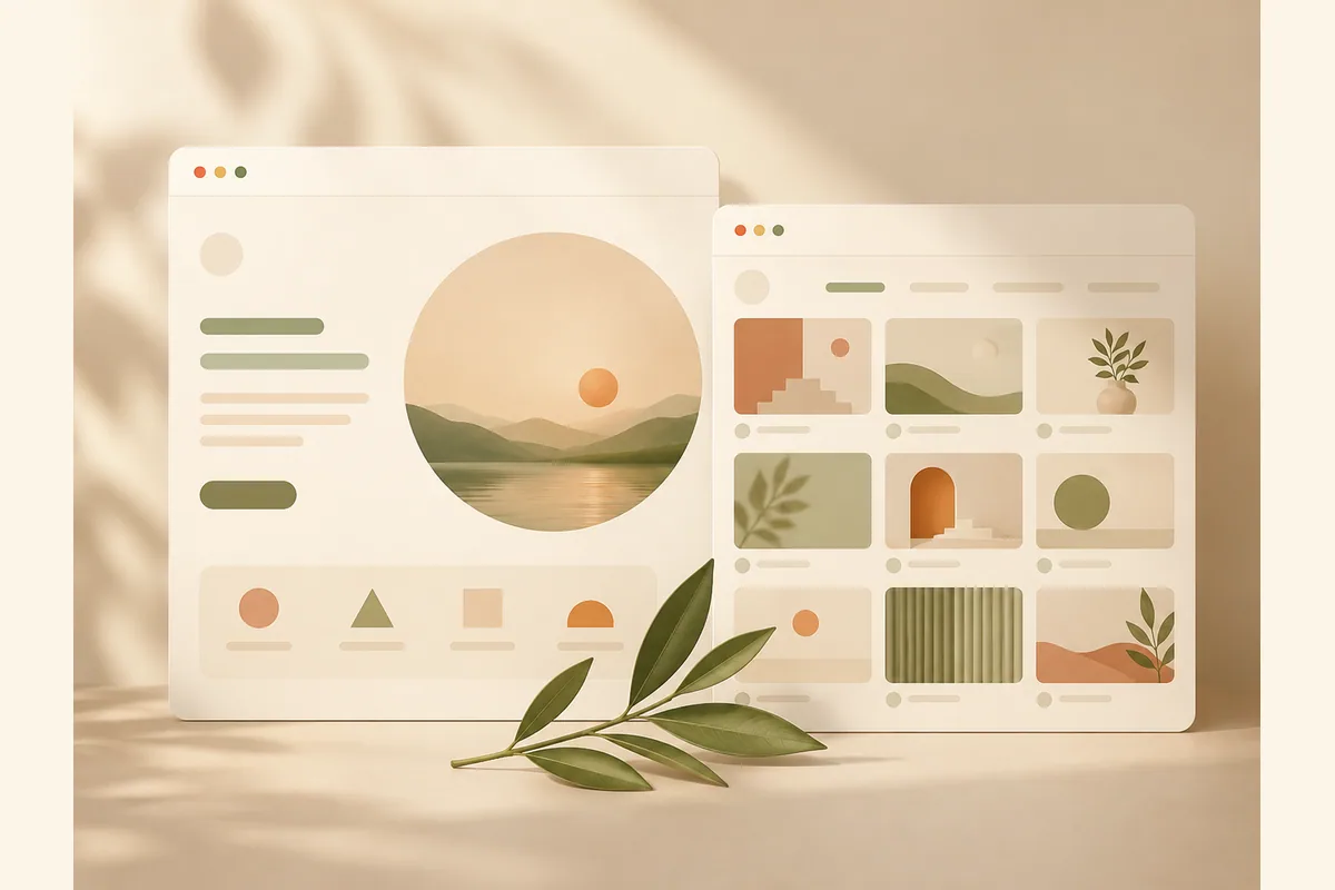 Dua mockup browser bersanding, satu berpusat pada foto besar dan satu penuh thumbnail proyek, membandingkan portofolio pribadi dengan portofolio untuk klien.