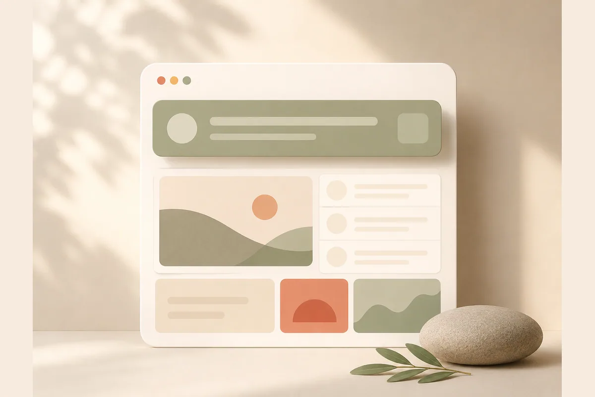 Satu mockup browser dengan satu modul terangkat melayang sebagai bentuk yang berulang, menggambarkan cara meniru pola dari website bisnis yang berhasil.