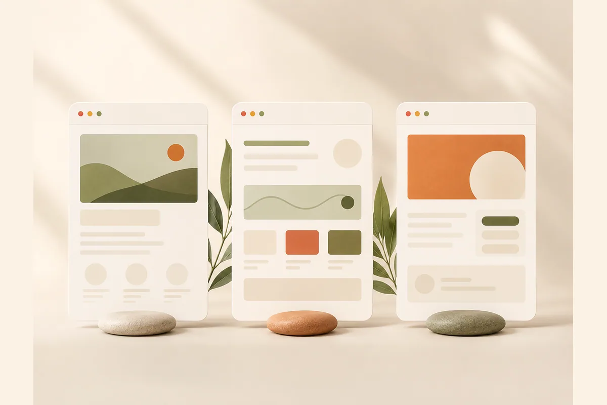 Tiga mockup jendela browser berjajar dengan tata letak isi yang berbeda-beda, menggambarkan perbedaan kebutuhan website kuliner, jasa, dan toko.