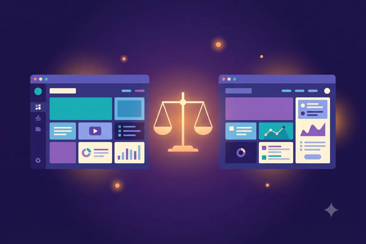 Dua jendela dashboard website dibandingkan berdampingan dengan timbangan menyala di tengah, mewakili perbandingan Durable dengan alternatifnya
