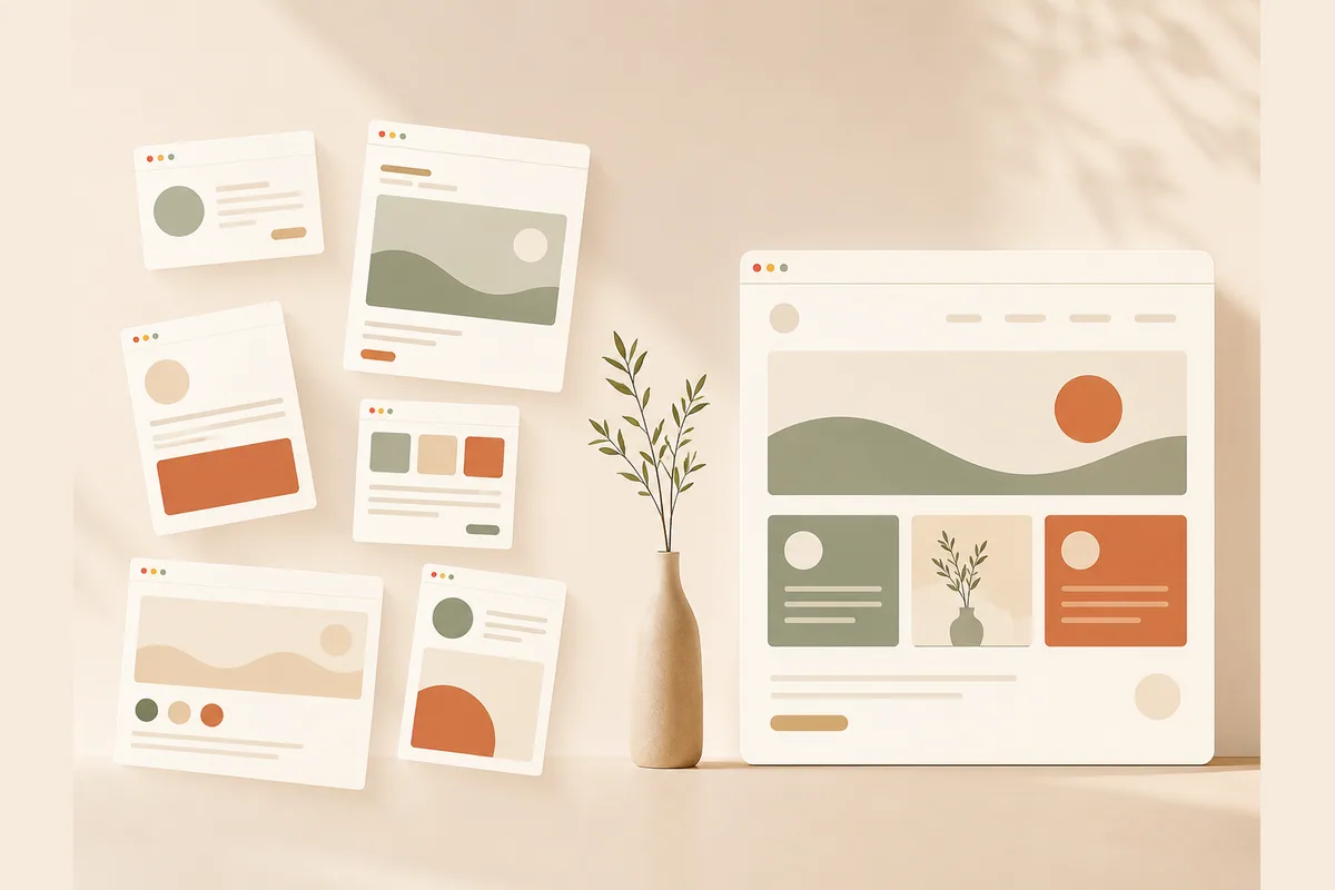Scattered design frames on one side and a single assembled browser window on the other, comparing Figma AI to a dedicated website builder.