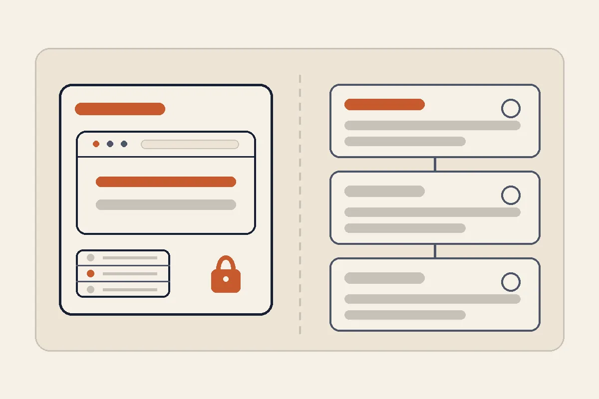 A bundled website hosting setup with a browser, server layers, and a security lock compared with separate service cards