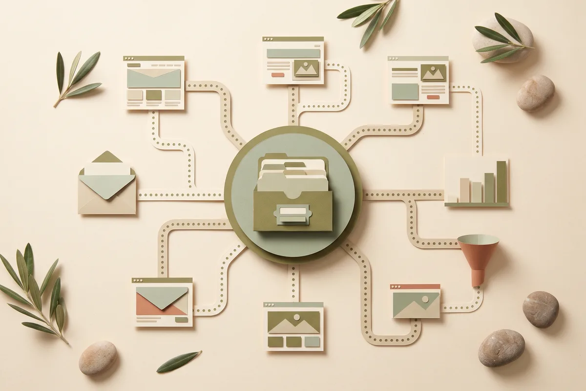 Paper-craft illustration of a card file box in a central circle, connected by dotted paper paths to several small page cards, an envelope, a bar chart and a funnel
