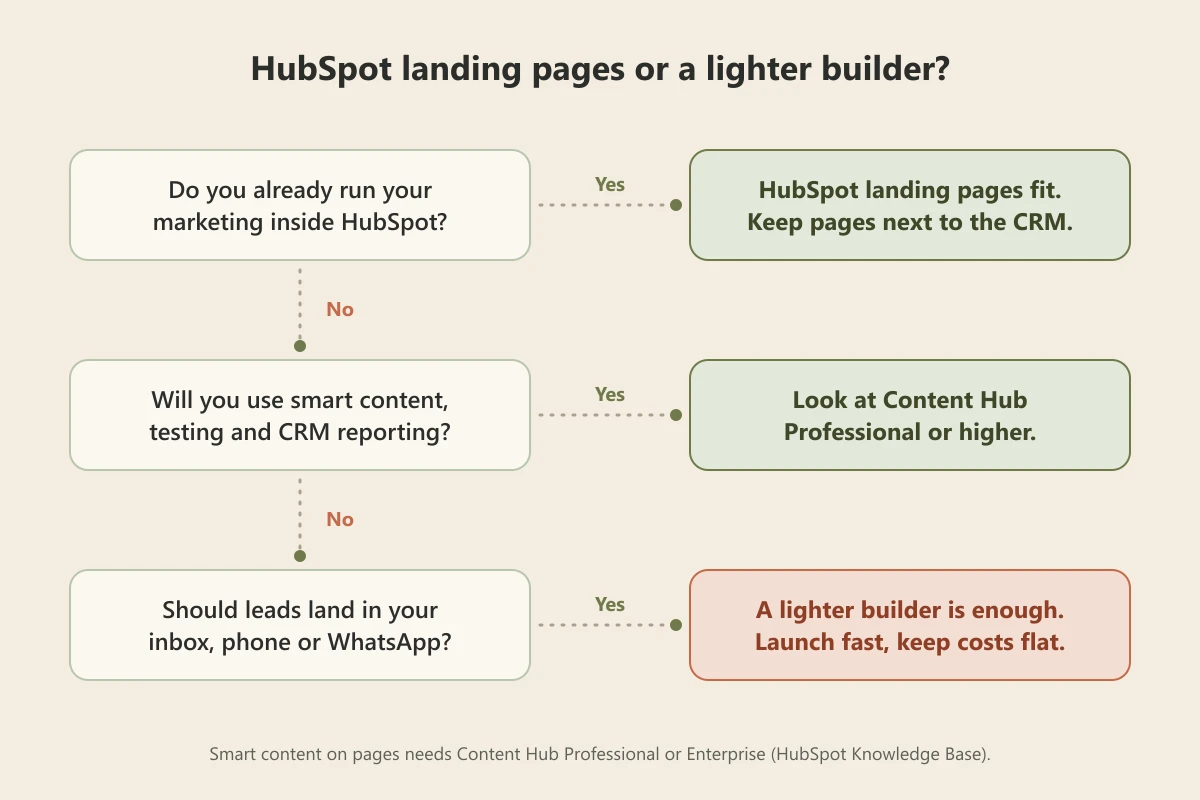 Decision diagram with three questions: do you already run marketing inside HubSpot, will you use smart content and CRM reporting, and should leads land in your inbox, phone or WhatsApp, each leading to a recommendation
