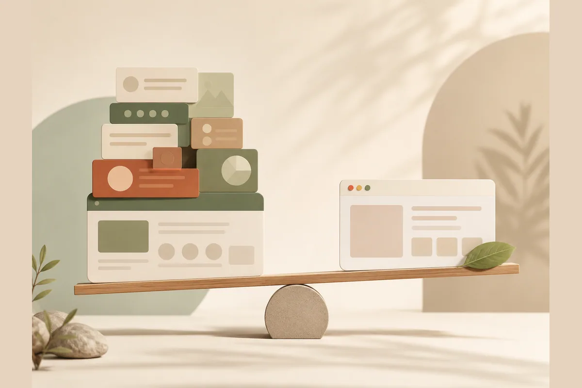 A balance beam weighing a bulky stack of modules against a single slim browser card, comparing HubSpot power with a lighter page builder.