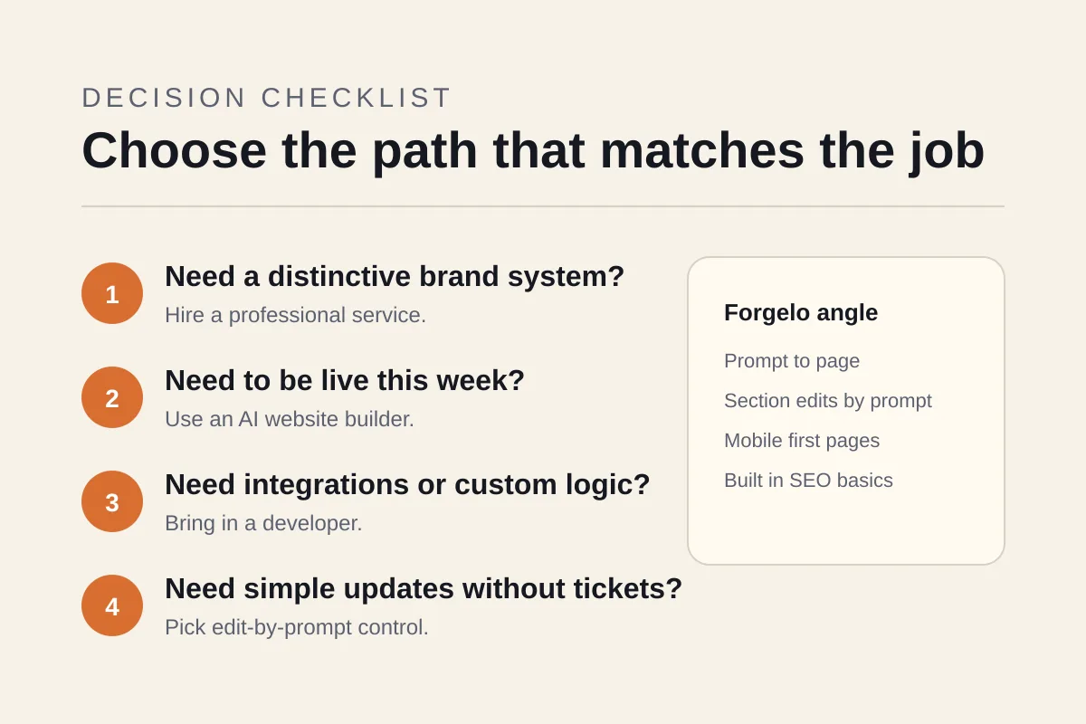Decision checklist for choosing a professional service or AI builder for a company profile website