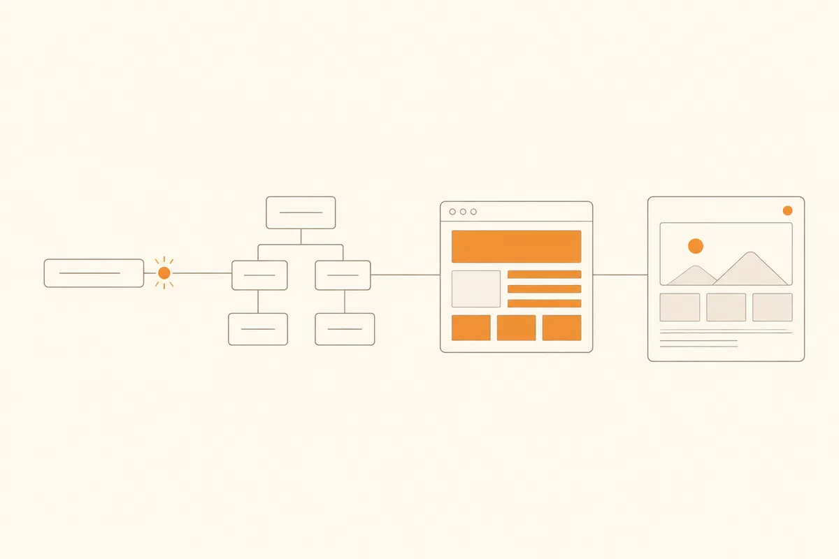 A conceptual map separating a public website front door from a repeat-use product behind a focused workflow