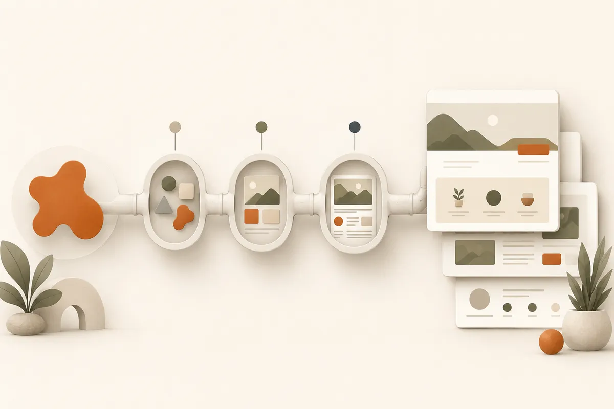 A calm sequence showing a business website taking shape from a rough brief into an organised set of pages