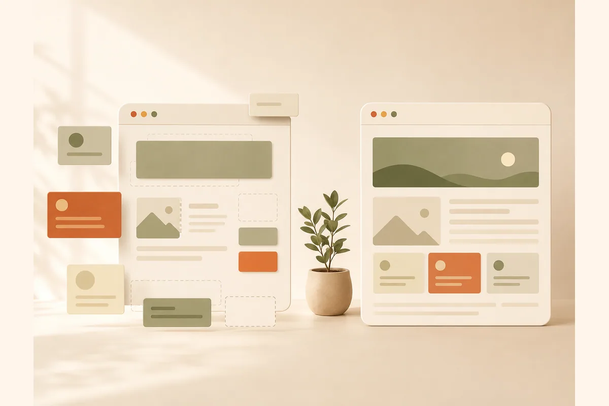 Dua kartu browser berdampingan, satu masih setengah tersusun dan satu sudah rapi, menggambarkan pilihan menyewa vendor atau membuat website sendiri dengan AI.