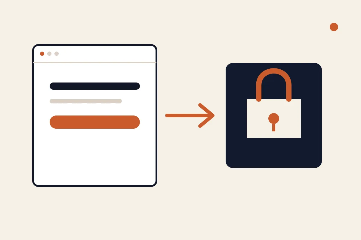 Panel browser bergerak menuju kartu kepemilikan yang aman, menggambarkan akses domain dan serah terima proyek yang rapi.