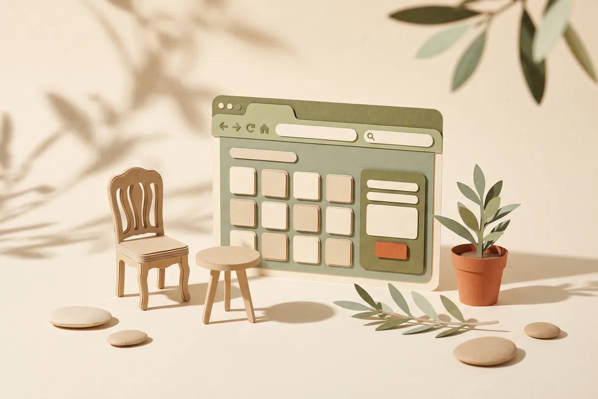 A miniature paper-craft carved wooden chair and small table beside a browser window showing a furniture catalog grid and a short inquiry form with a terracotta send button
