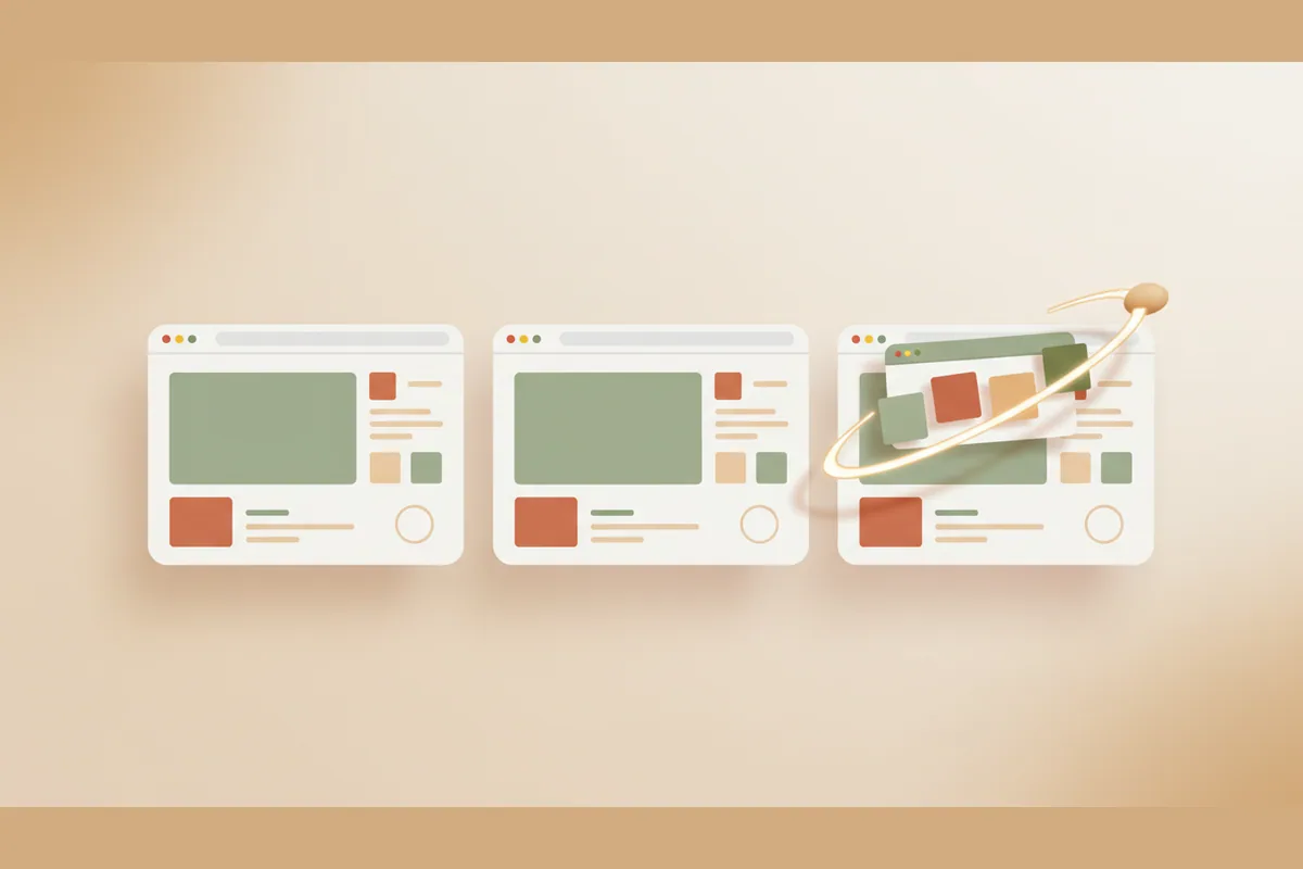Three paper browser panels connected by a curved path against a warm background.