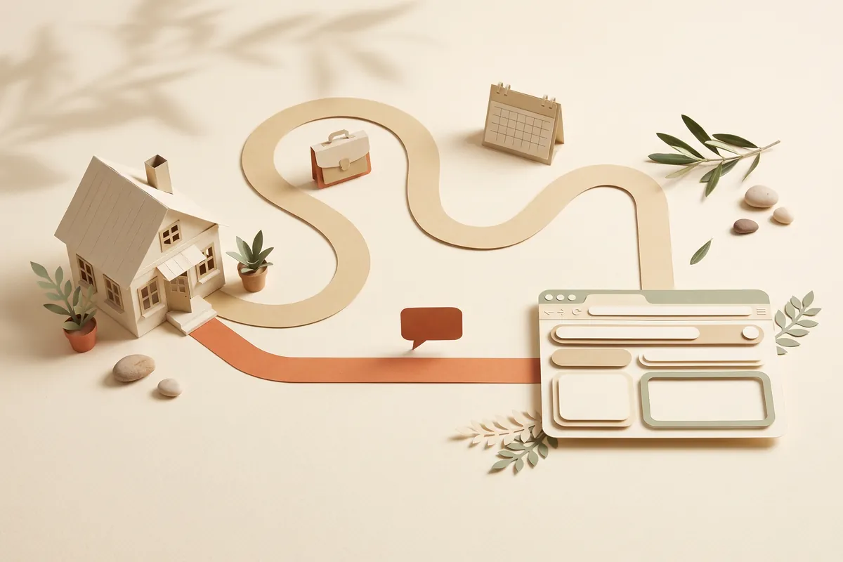 Two paper paths from a small workshop to the same browser window, a long winding one passing a briefcase and a calendar, and a short straight terracotta one passing a single chat bubble