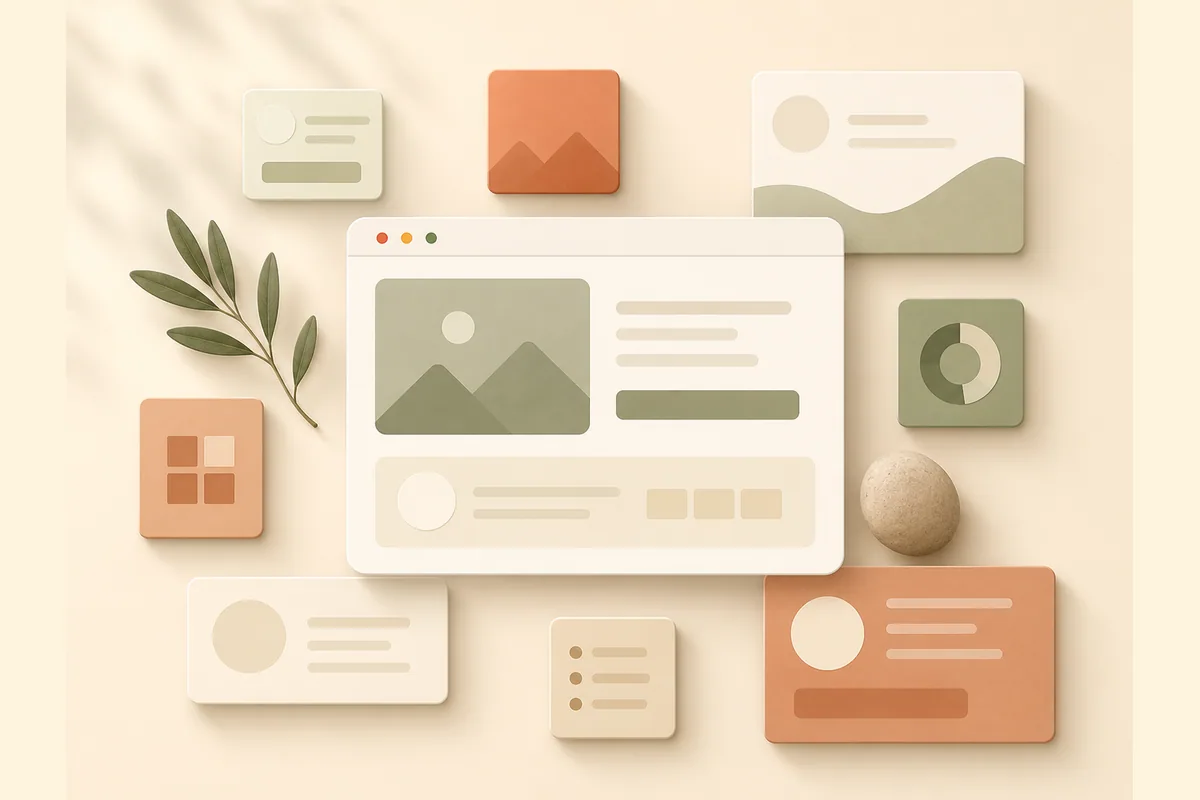 Satu mockup jendela browser di tengah dikelilingi beberapa ubin geometris beragam ukuran, mewakili faktor-faktor yang menentukan harga pembuatan website.