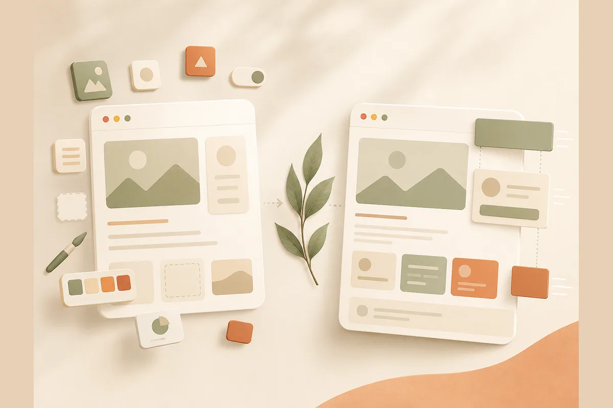 Two illustrated browser layouts with floating content blocks, a paintbrush, and a colour palette.