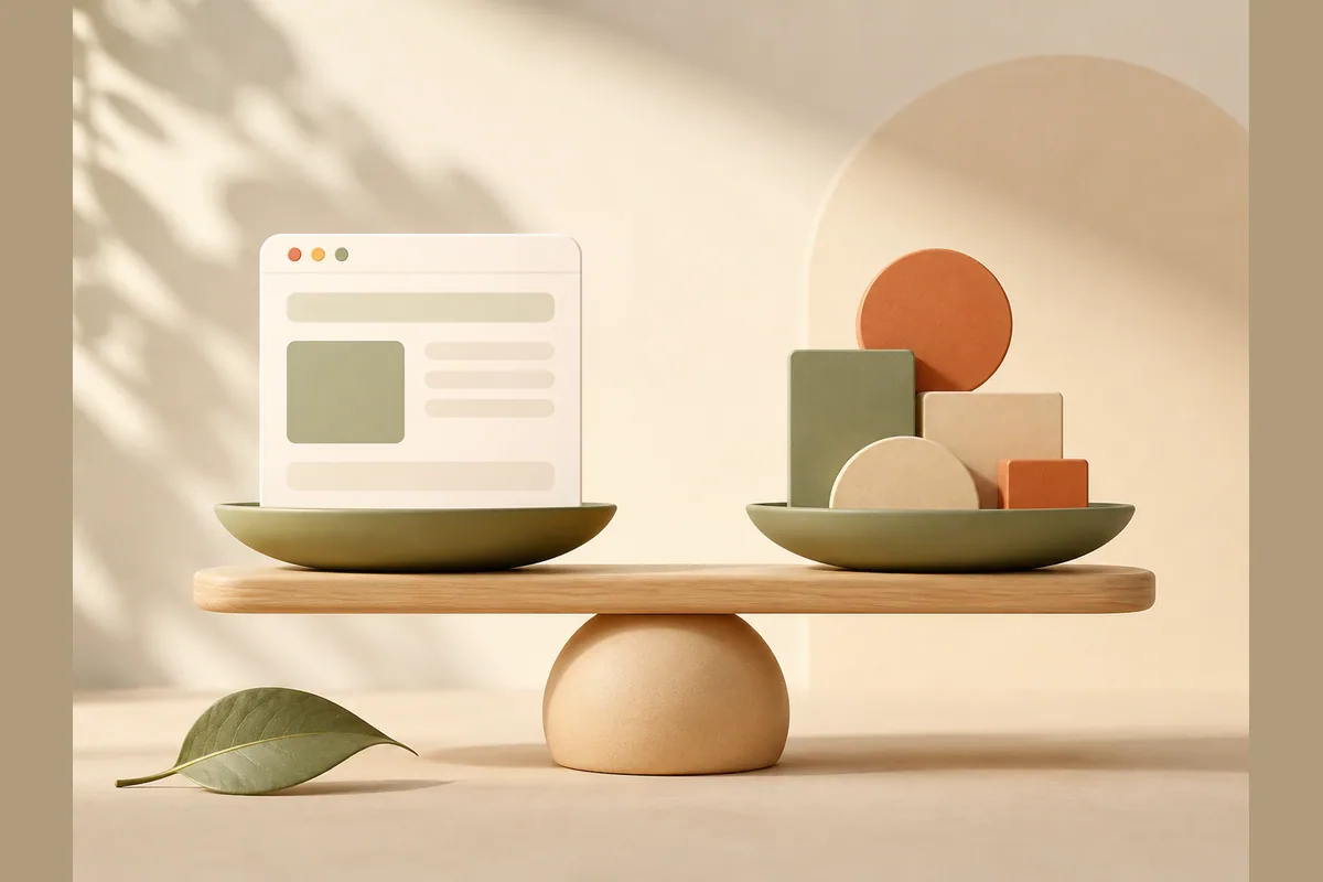 Timbangan sederhana dengan mockup browser di satu sisi dan kumpulan bentuk geometris di sisi lain, mewakili pilihan antara sewa jasa dan bikin sendiri pakai AI.
