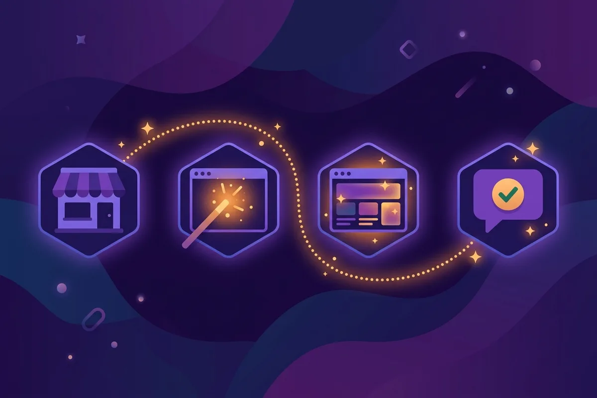 Empat tahap dari toko fisik menjadi website yang menghasilkan lead: ikon toko, tongkat AI di atas browser, browser berisi konten, dan gelembung chat dengan tanda centang