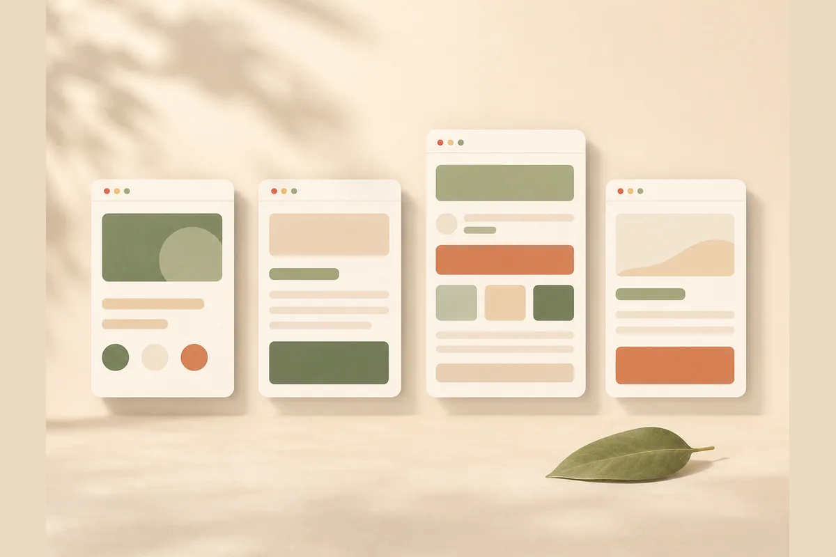 Four clean website layout cards representing different budget and service options for a small business.
