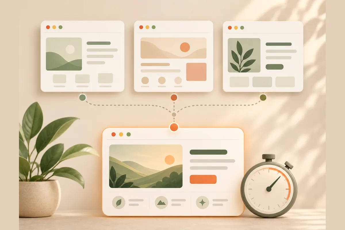 Several website layouts branching into one finished business website, illustrating different service provider options.