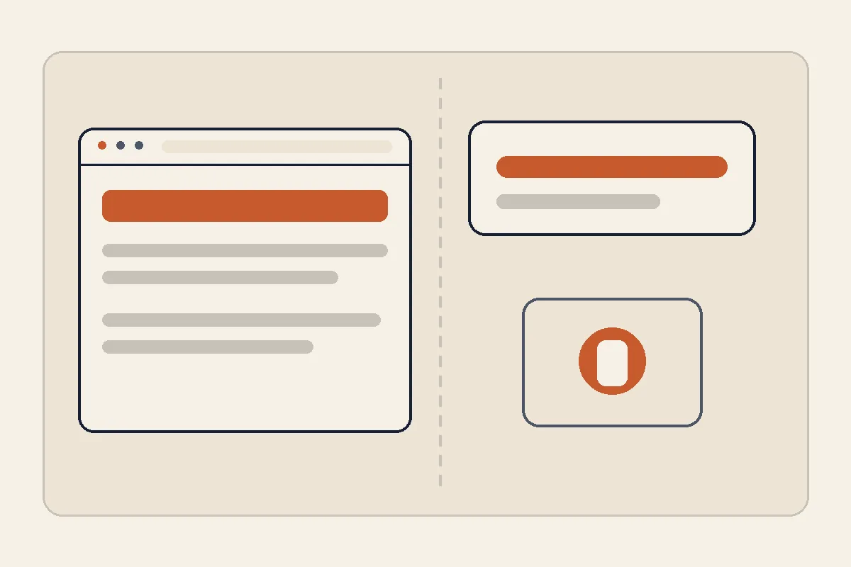 A website browser and a separate access card divided by a clear boundary, illustrating the difference between a finished site and ownership of its domain and hosting