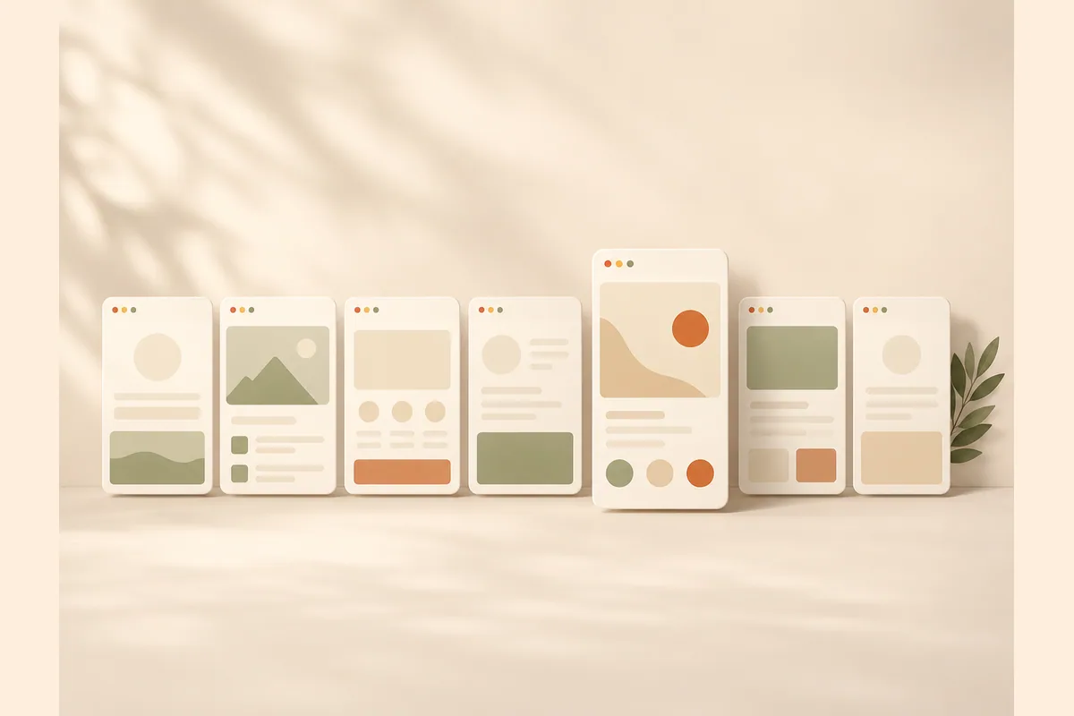 Seven small browser cards lined up for comparison with one lifted forward, representing the landing page builders reviewed.