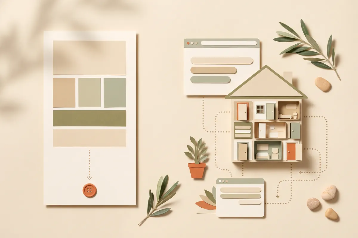 A single tall page whose stacked blocks lead along one dotted path to a terracotta button, beside a house-shaped website with many small doors and branching paths