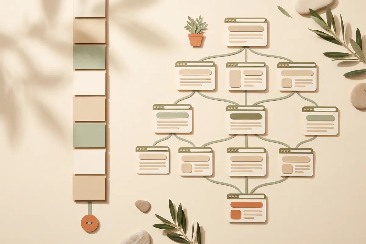One vertical strip of paper blocks ending in a terracotta button, next to a branching tree of connected browser pages arranged like a site map