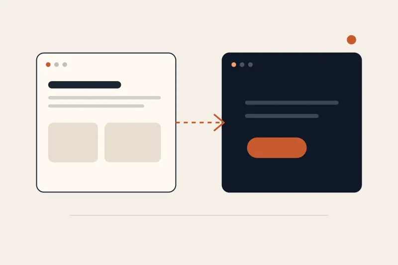 Dua alur browser berbeda yang terhubung panah, menggambarkan draf berfokus desain menjadi website bisnis yang praktis