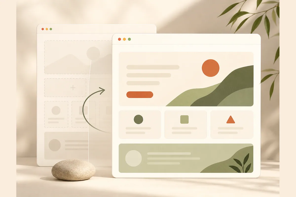 Website sections being refined one at a time, from hero and services to proof and contact