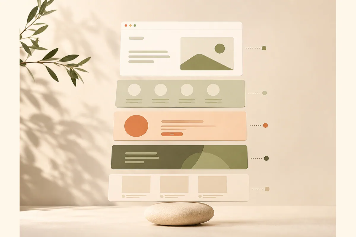 Five separate landing page panels stacked above a stone, with dotted markers beside each panel.