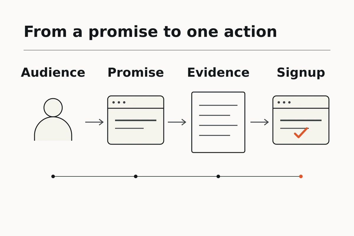 Diagram linking a SaaS audience and promise to product proof and one signup action.