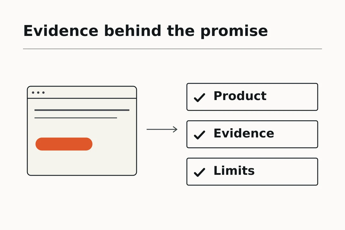 Diagram pairing SaaS landing page claims with product screenshots, customer evidence, and stated limits.
