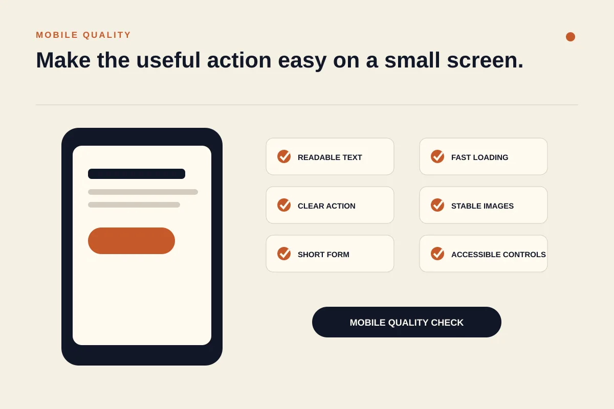 A mobile website quality checklist showing readable text, clear action, short form, fast loading, and accessible controls