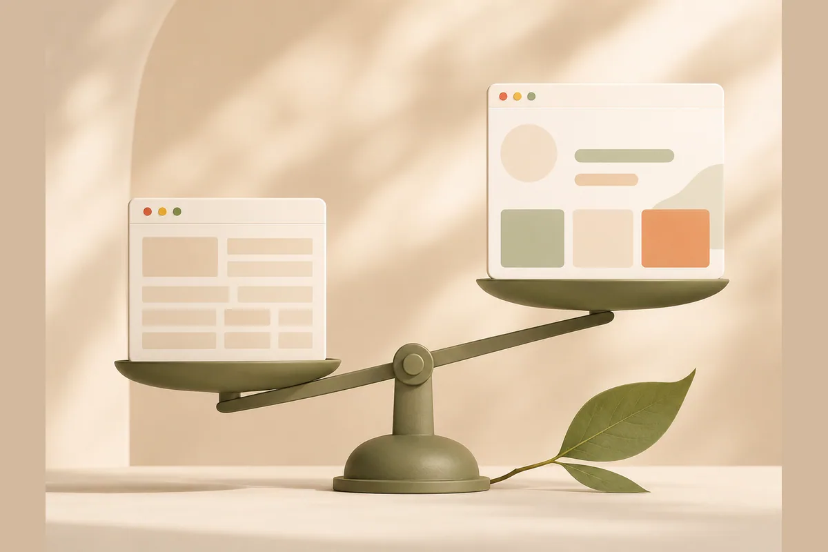 A balance scale weighing a boxy browser window against a lighter, more flexible one, showing when an AI builder makes more sense than Square.