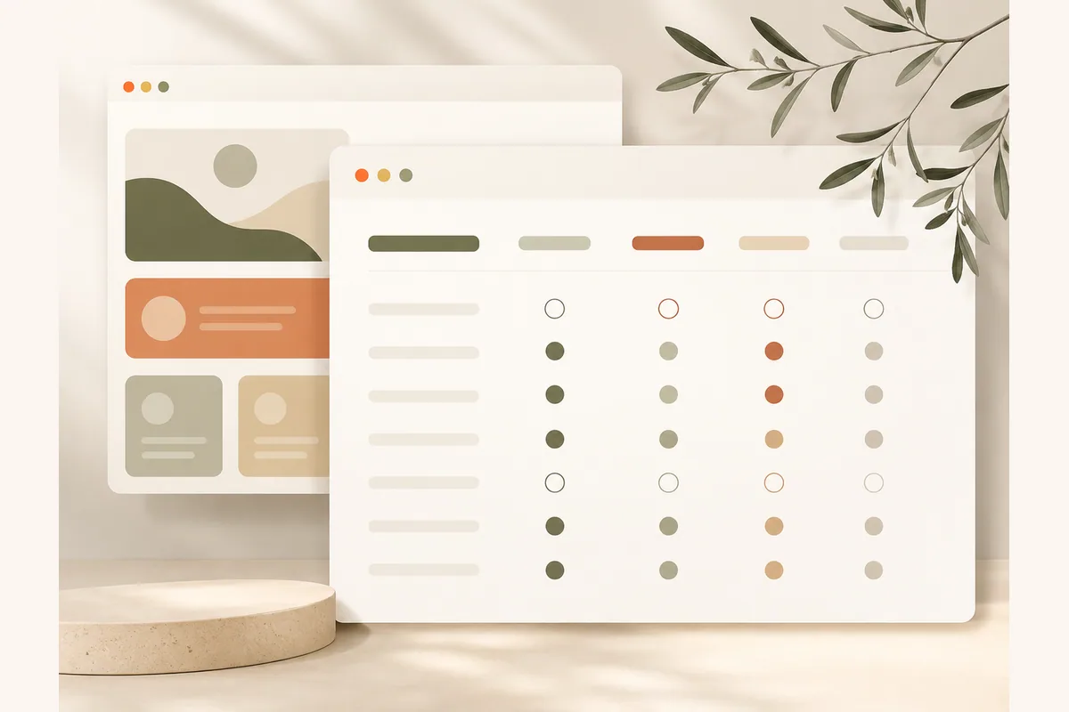 A grid of filled and hollow circles arranged in rows and columns like a comparison matrix of the top website builders.