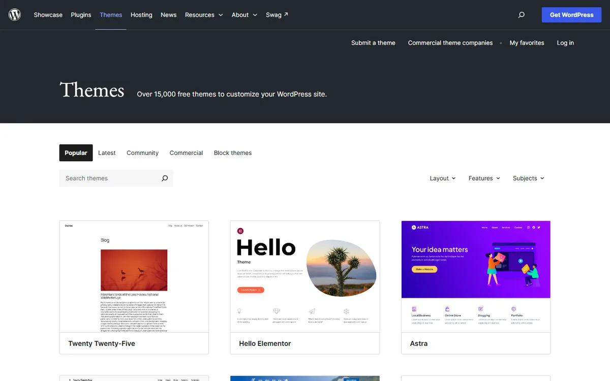 The official WordPress.org theme directory with Popular, Latest, Community, Commercial and Block themes tabs above theme cards