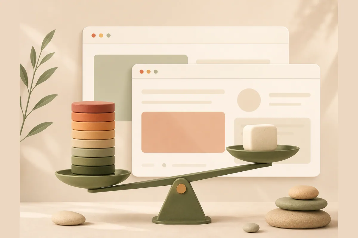 A balance scale with one pan weighed down by a tall stack of discs and the other holding a single light block, illustrating the tool's cost versus value.