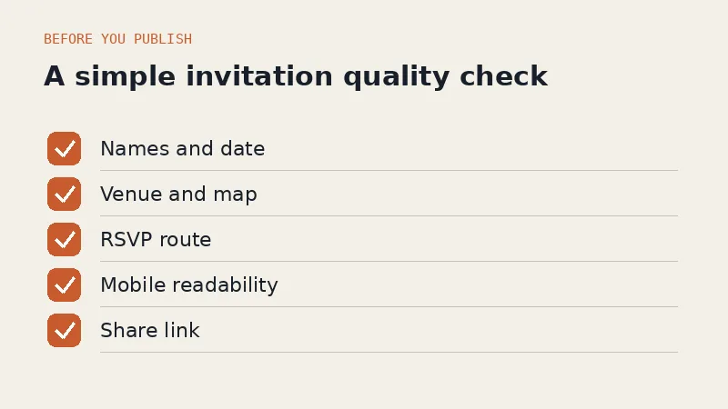 Checklist for names, date, venue map, RSVP, mobile readability, and invitation sharing