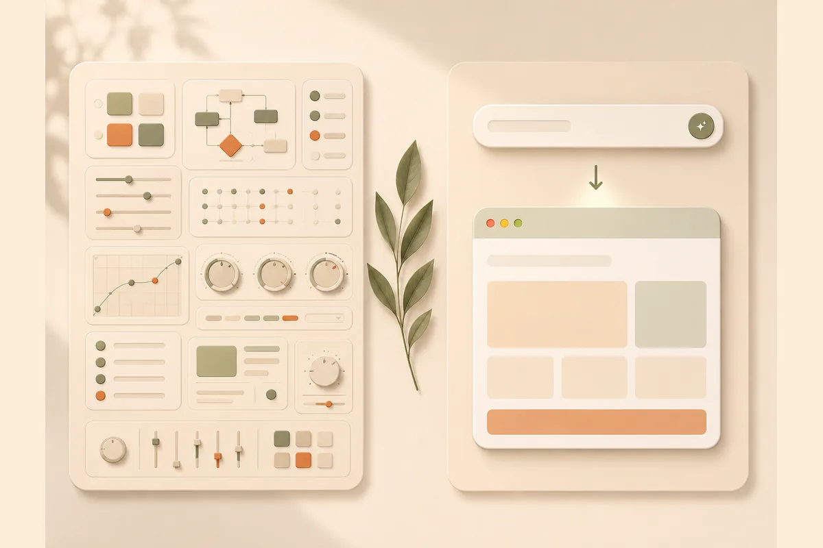 A complex control board compared with a simple prompt bar that outputs a complete site.