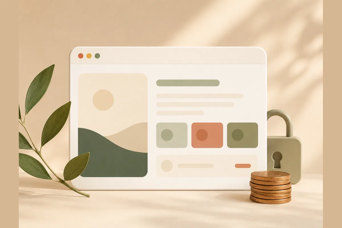 Mockup jendela browser dengan tumpukan koin dan gembok kecil di belakangnya, menyiratkan biaya tersembunyi di balik layanan undangan gratis.